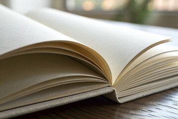 Fototapeta premium stress management, An open, blank book lies on a wooden surface, showcasing its smooth, cream-colored pages and inviting creativity and writing.
