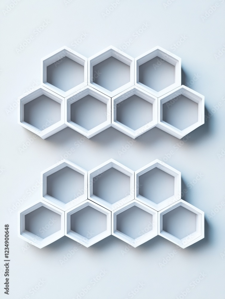 Poster Modern hexagonal shelves arranged creatively on a minimalist wall in a neutral colored setting for decorative display. Generative AI