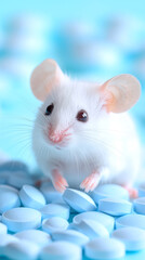 White laboratory mouse surrounded by blue pills in scientific research concept setting