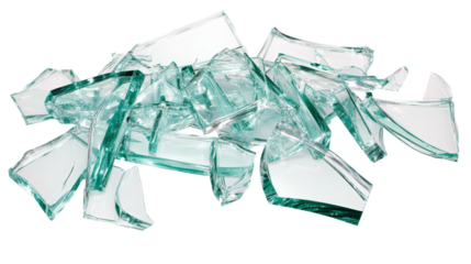 Pile of shattered glass shards on transparent background