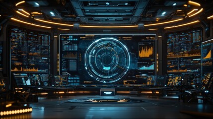 Spaceship bridge with glowing screens displaying data
