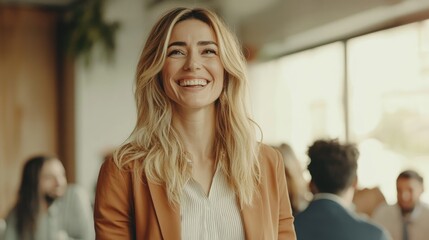 Fototapeta premium Positive fun happy smiling blonde business woman leading interactive seminar for multiethnic workers at modern office.