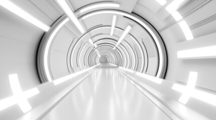 Obraz premium Futuristic white tunnel with glowing neon lights and modern design conveying a sense of infinite space travel