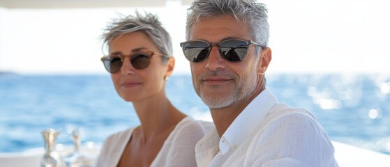Mature white couple wearing sunglasses, enjoying a sunny day on a boat with a beautiful sea view Concept of travel, luxury, and retirement