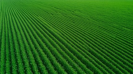 Fototapeta premium Lush green agricultural field with neatly arranged crop rows under a clear blue sky