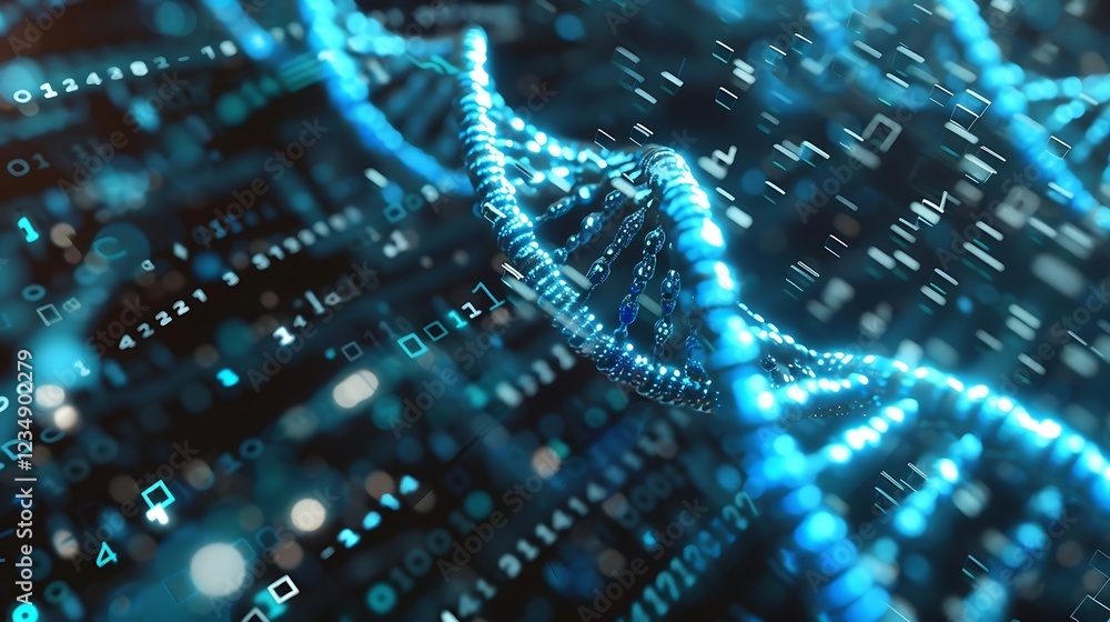 Poster 3d illustration of dna helix with binary code, abstract background