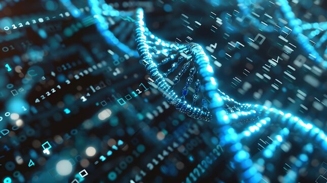 3d illustration of dna helix with binary code, abstract background