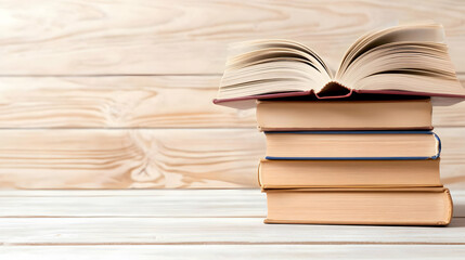 Open book on stack of books, wooden background, education concept