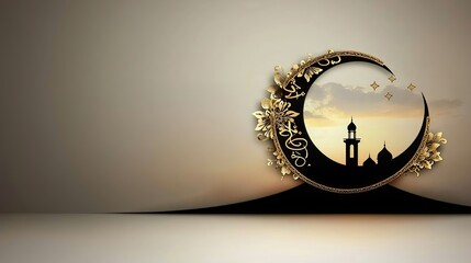 Ramadan brings unity and purity Prayer and charity and the crescent symbolize its spirit. Elegant Crescent Moon with Mosque Silhouette and Gold Accents