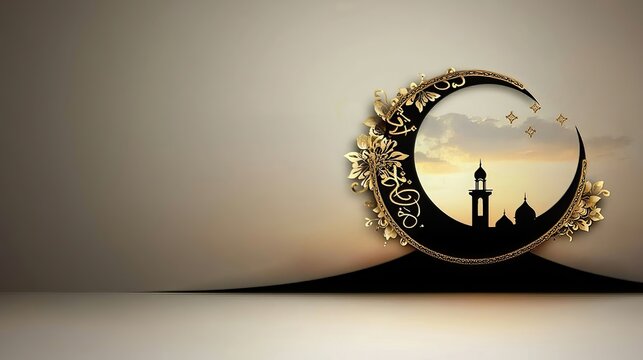 Ramadan brings unity and purity Prayer and charity and the crescent symbolize its spirit. Elegant Crescent Moon with Mosque Silhouette and Gold Accents