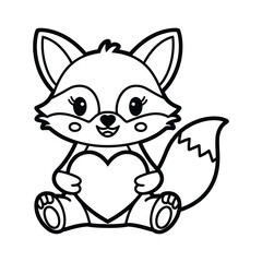 Cute Cartoon Fox Holding Heart – Kawaii Outline Illustration