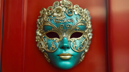 Classic female venetian carnival mask on red background