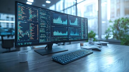 Stock market data displayed on large curved monitor in modern office