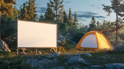 Poster mockup on a white wall in camping concept