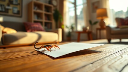 Tiny Scorpion on Paper, Home Interior, Vivid Colors, Dramatic Lighting