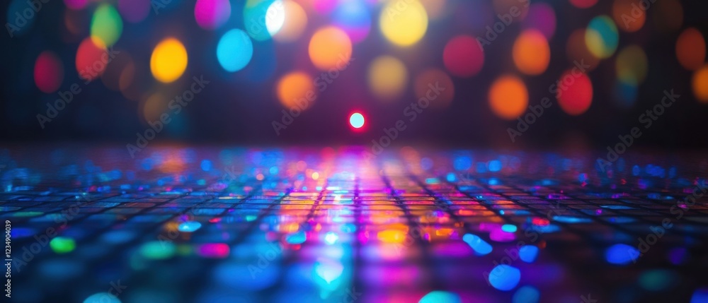 Poster abstract colorful bokeh lights with reflective disco floor, creating a vibrant and energetic backgro