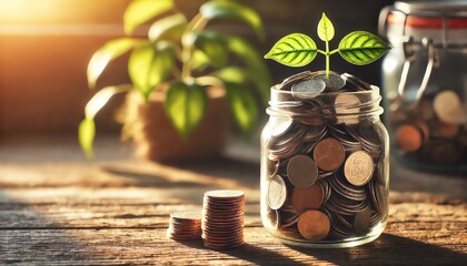 A glass jar filled with coins, from which a green plant is growing, symbolizing growth and investment