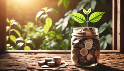 A glass jar filled with coins, from which a green plant is growing, symbolizing growth and investment