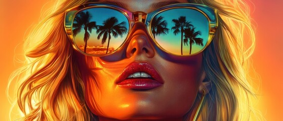 Obraz premium Closeup of a blonde woman wearing sunglasses reflecting a tropical sunset with palm trees, concept of summer vacation, travel, and retro style