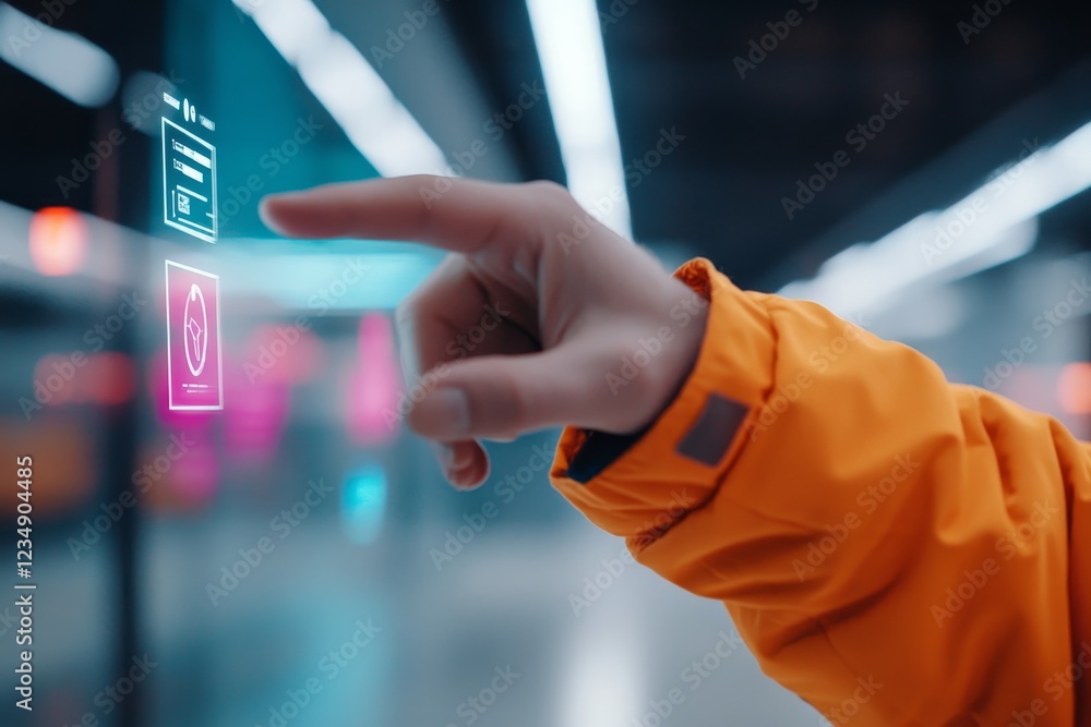 Poster interaction with futuristic touchscreen display in urban environment