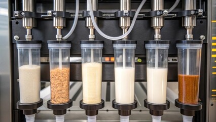 Industrial food printing machine dispensing various food based ingredients from transparent containers, showcasing the preparation stage of additive manufacturing in the culinary industry