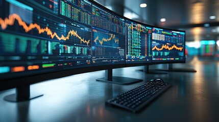 Stock market data on monitors in office trading room