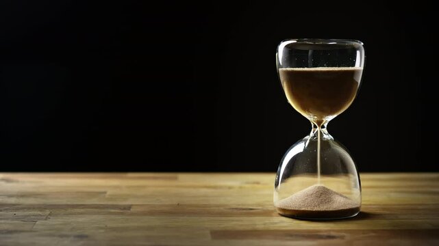 Sand flowing in an hourglass on a wooden table and with a black background, timelapse shot. Time running out concept.