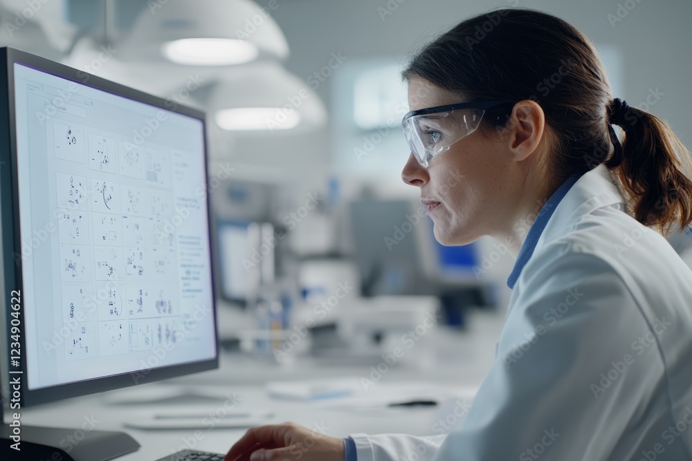 Poster scientist analyzing complex data in laboratory setting during the day