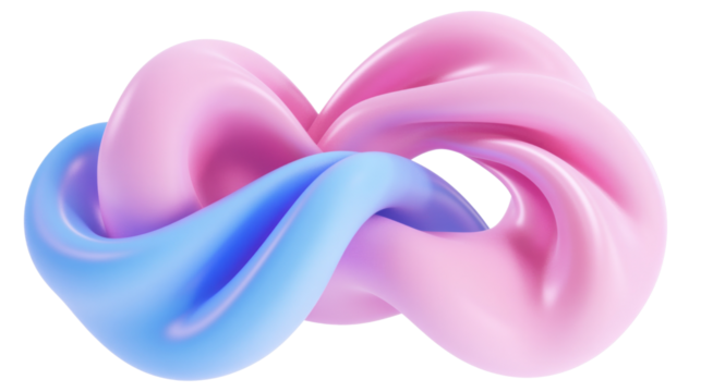 Pink and blue abstract shapes intertwining on transparent background
