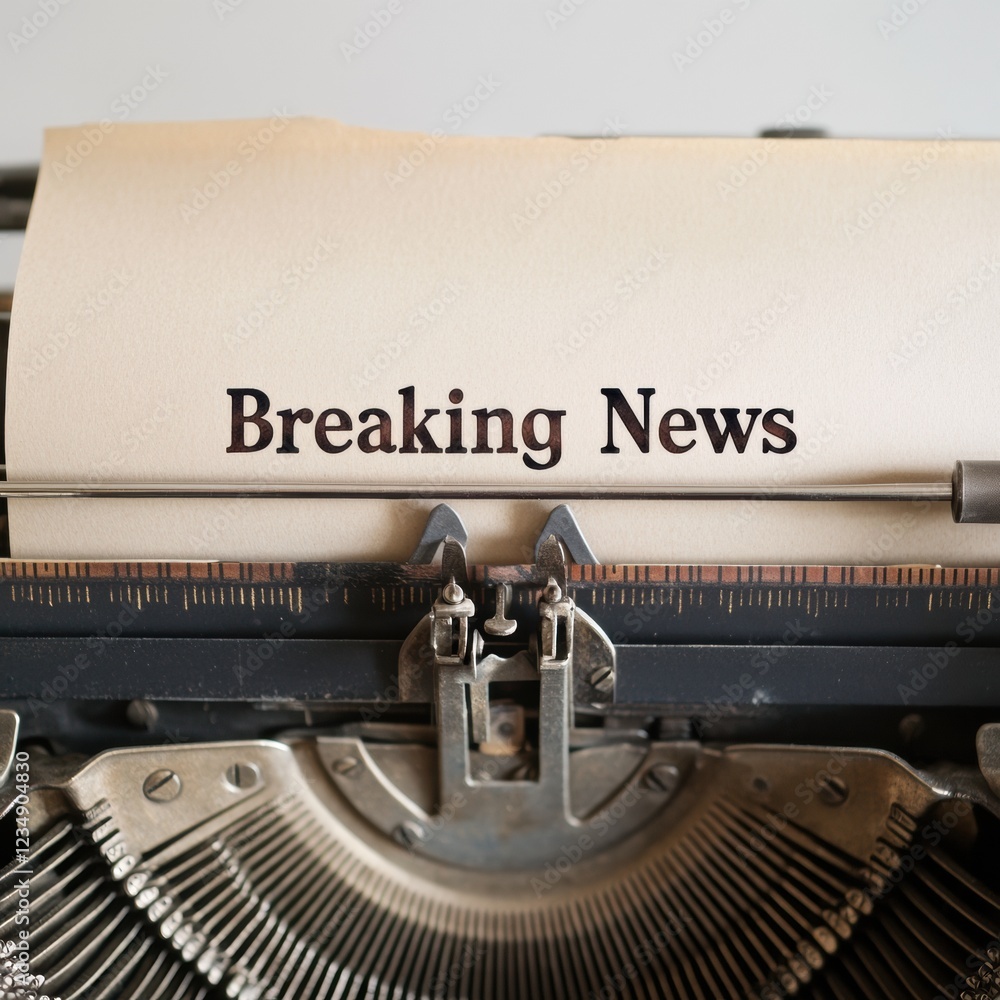 Poster Vintage typewriter displays breaking news on paper with classic craftsmanship and elegant design in a timeless setting. Generative AI