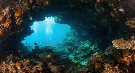 Naklejka premium Underwater cave sanctuary with vibrant coral and marine life