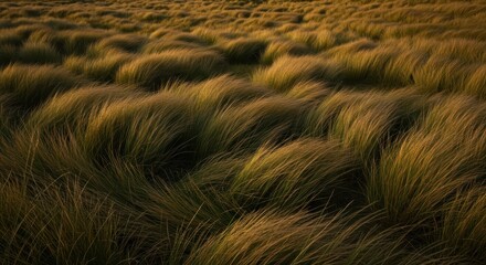 Golden grass field at sunset with wind creating waves of texture and movement