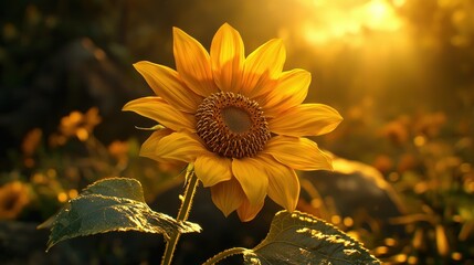 Naklejka premium Sunflower blooms in golden sunset light, field background