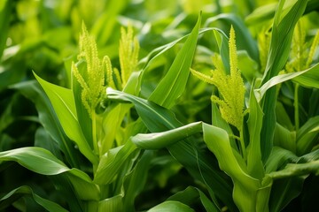 Obraz premium Green cornfield with young corn plants growing in cultivated agricultural field on sunny summer day