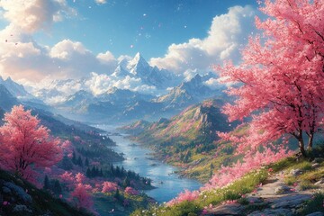 Serene Mountain Valley with Blossoming Cherry Trees