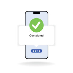 Smartphone and tick vector illustration, flat cartoon cell phone approved tick notification, idea of successful tick update, accepted, confirmation action on cell phone, yes