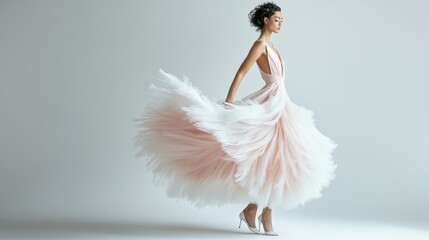 Elegant Model in Flowing Pink Tulle Dress
