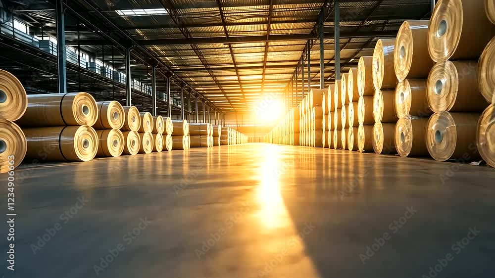 Poster rolls of fiberglass insulation illuminated by sunlight filtering through large skylights in a spacio