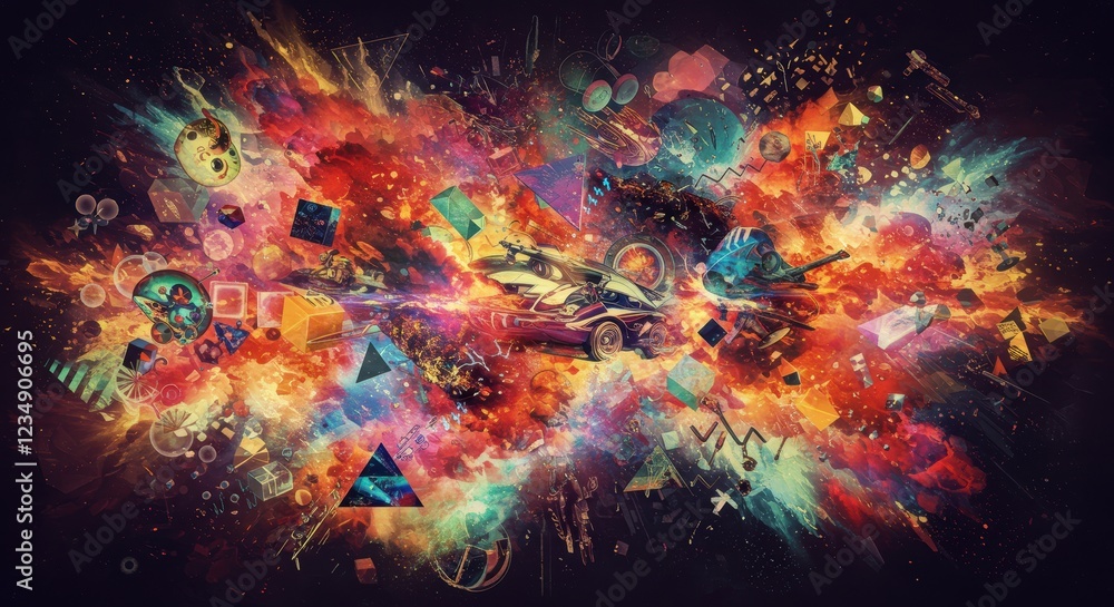 Poster futuristic car exploding through vibrant abstract galactic universe