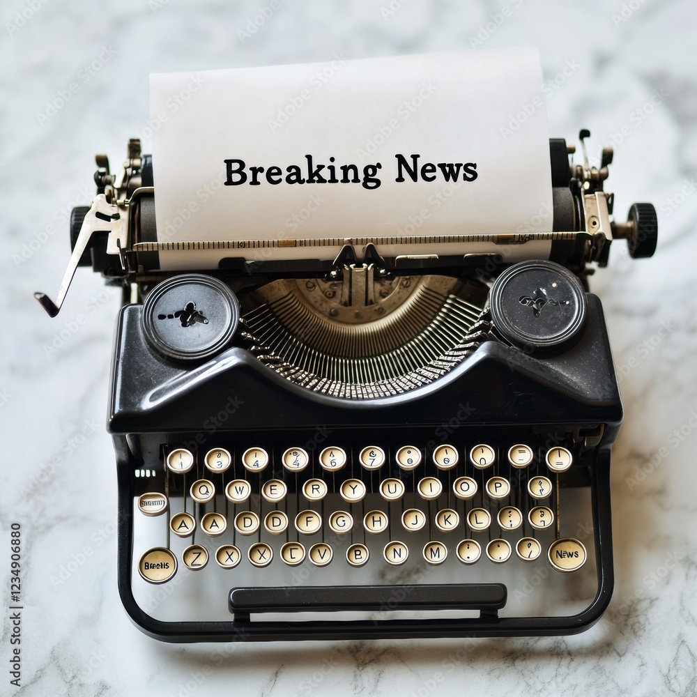 Poster vintage typewriter displays breaking news on blank sheet of paper in classic style. generative ai
