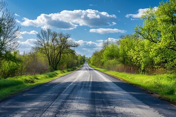 Fototapeta premium Country asphalt road with green trees and blue sky with white clouds.