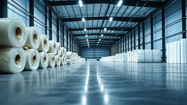 Rows of fiberglass insulation rolls in varying sizes, organized in a modern storage facility with polished floors and bright overhead lighting, representing energy efficiency.