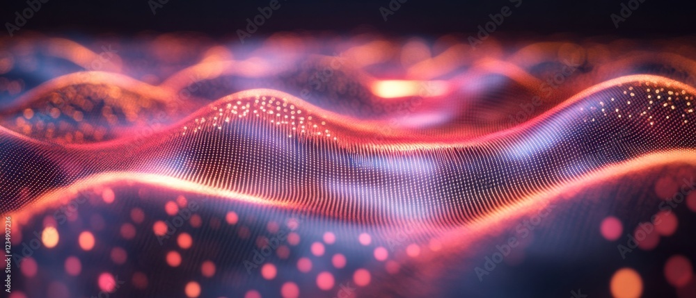 Poster abstract glowing red and blue particle wave with bokeh effect, representing digital data flow, techn