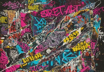 Urban street art collage with vibrant graffiti and bold colors