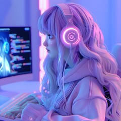 Cute Anime Girl Coding on Project in Futuristic Workspace with Pastel Neon Tones