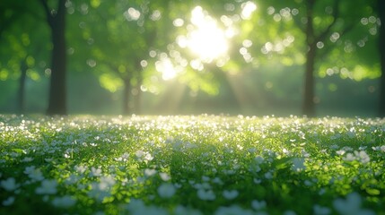 Obraz premium Sunlit forest meadow with wildflowers at dawn