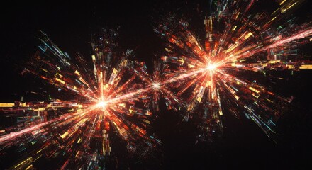 Fototapeta premium Vibrant symmetrical explosions of colorful lights in abstract dark space