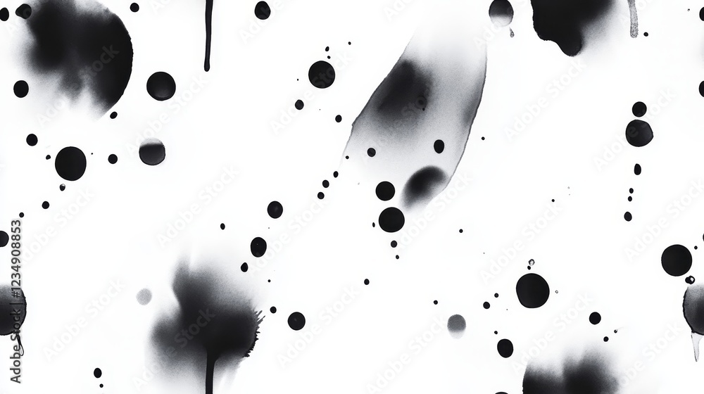 Poster abstract black and white splatter art with random ink droplets creating a dynamic visual texture