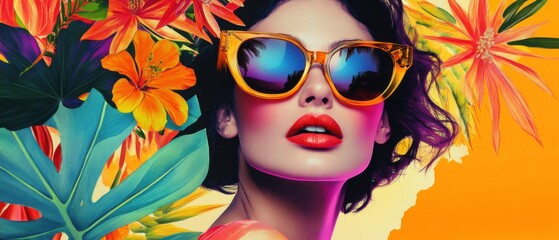 Stylish woman with orange sunglasses and red lipstick surrounded by vibrant tropical flowers and leaves, showcasing summer fashion and beauty