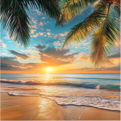 Sunset on a tropical beach with palm trees and the ocean in the background